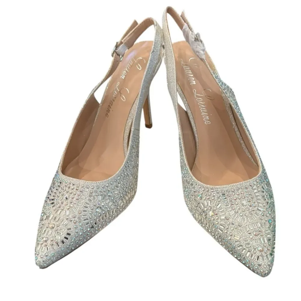 New Lauren Lorraine “Rachel” Silver Embellished Women's Slingback Heels 10